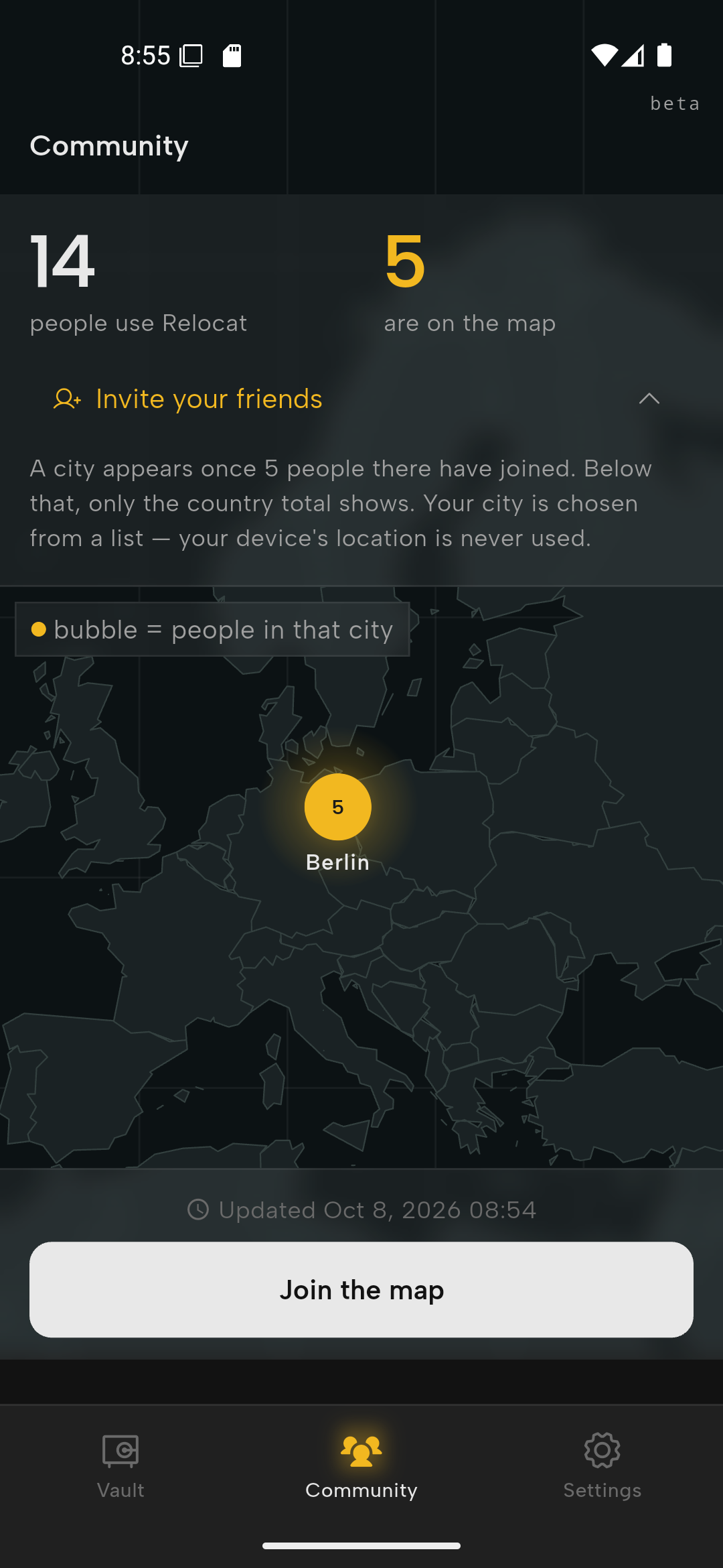 Community Map explaining that a city appears only once five people there have joined, and that device location is never used.